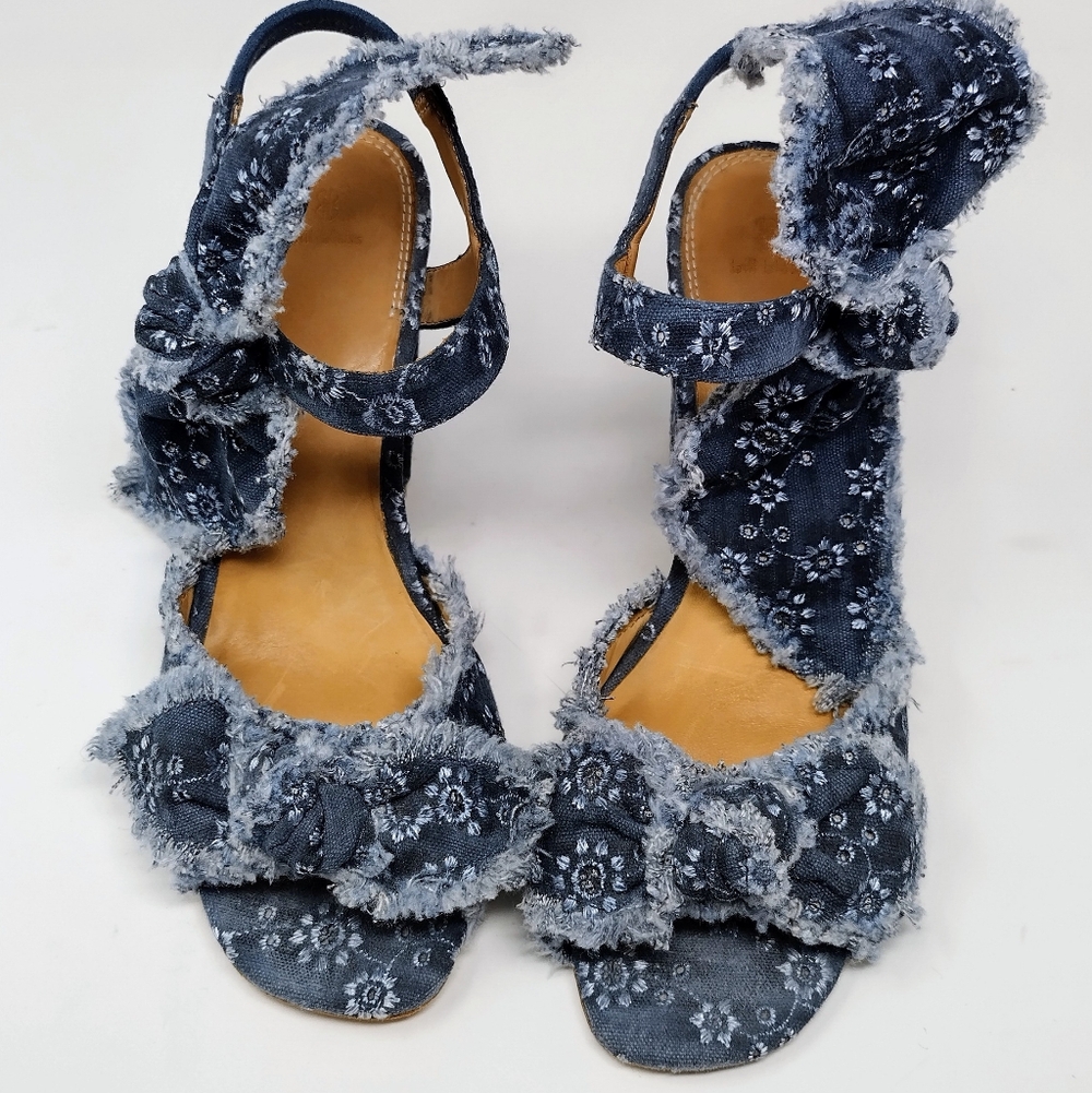 Anthropologie Bill Blass Carmen Denim Bow Block Heel Sandals - 8 - Picture 2 of 6